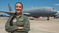 Capt. Kristin “Bodie, 77th Air Refueling Squadron KC-46A Pegasus pilot, poses on the flightline at Seymour Johnson Air Force Base, N.C., July 20, 2022. Bodie is a reservist who flies the Airbus 320 as a first officer for American Airlines full time and spends countless hours pouring into others through a myriad of philanthropic outlets.