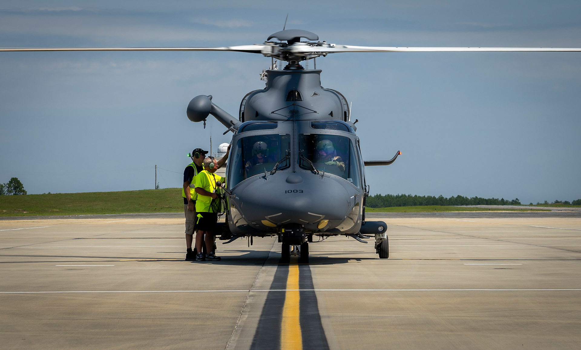 Maintainers talk with the MH-139A Grey Wolf&rsquo;s aircrew prior to a flight at Eglin Air Force Base, Fla., Aug. 17, 2022. The Grey Wolf sortie was the first flight since the Air Force took over ownership of the aircraft Aug. 12. It marked the first all-Air Force personnel flight in the Air Force&rsquo;s newest helicopter.