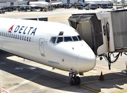 A Delta Airlines flight gated at Atlanta Hartsfield-Jackson International Airport. A Delta Airlines flight gated at Atlanta Hartsfield-Jackson International Airport.