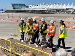 Frontier President and CEO Barry Biffle, Denver International Airport CEO Phil Washington and City of Denver Councilwoman Stacie Gilmore, along with Frontier mascot Griz the Grizzly Bear, placed shovels in the dirt to mark the project’s ceremonial groundbreaking. Frontier President and CEO Barry Biffle, Denver International Airport CEO Phil Washington and City of Denver Councilwoman Stacie Gilmore, along with Frontier mascot Griz the Grizzly Bear, placed shovels in the dirt to mark the project’s ceremonial groundbreaking.