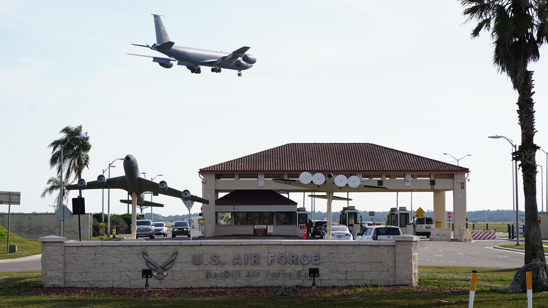 A KC-135 refueling aircraft flies over the Dale Mabry entrance of Macdill Air Force Base while coming in for a landing on Wednesday, Jan. 27, 2021 in Tampa. The University of South Florida and MacDill announced a new partnership this week.