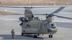 U.S. Air Force CH-47 Chinook helicopter is seen standing on the tarmac at the airport in Jasionka, near Rzeszow, Poland, on Feb. 16, 2022.