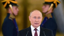 Russian President Vladimir Putin delivers a speech during a ceremony to receive credentials from foreign ambassadors to Russia at the Alexander Hall of the Grand Kremlin Palace in Moscow on September 20, 2022.