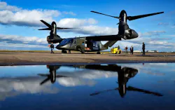 The V-280 Valor tilt-rotor, a next-generation aircraft that Bell wants to build for the U.S. military, was reflected in rain water after demonstrating its skills at the Bell Flight Research Center in Arlington.
