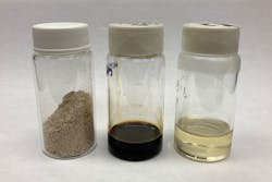 Containers are of poplar biomass (left), the extracted lignin oil, and the resulting sustainable aviation fuel. Containers are of poplar biomass (left), the extracted lignin oil, and the resulting sustainable aviation fuel.