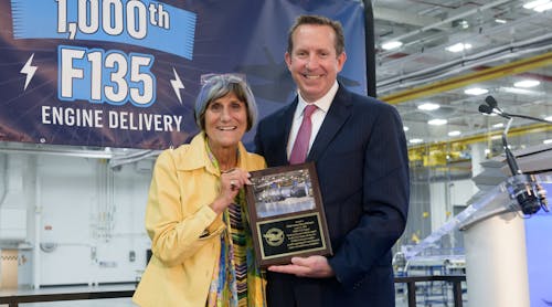 Representative Rosa DeLauro (CT-Third District), House Appropriations Chair, celebrates the 1,000th produced F135 engine with Pratt &amp; Whitney President Shane Eddy at the manufacturer&rsquo;s facility in Middletown, Connecticut.