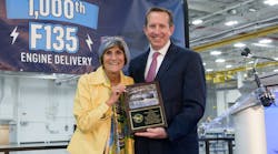 Representative Rosa DeLauro (CT-Third District), House Appropriations Chair, celebrates the 1,000th produced F135 engine with Pratt &amp; Whitney President Shane Eddy at the manufacturer&rsquo;s facility in Middletown, Connecticut.