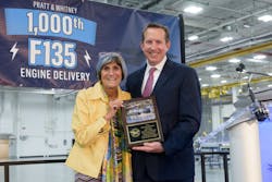 Representative Rosa DeLauro (CT-Third District), House Appropriations Chair, celebrates the 1,000th produced F135 engine with Pratt & Whitney President Shane Eddy at the manufacturer’s facility in Middletown, Connecticut. Representative Rosa DeLauro (CT-Third District), House Appropriations Chair, celebrates the 1,000th produced F135 engine with Pratt & Whitney President Shane Eddy at the manufacturer’s facility in Middletown, Connecticut.