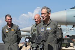 Royal Australian Air Force Air Marshal Robert Chipman, chief of the Royal Australian Air Force, and German Air Force Lt. Gen. Ingo Gerhartz, chief of the German Air Force; look on as U.S. Air Force Gen. Ken Wilsbach, Pacific Air Forces commander, speaks with members of the local media during a visit to Royal Australian Air Force Base Darwin, Australia, Sept. 5, 2022. Leadership spoke on exercise Pitch Black 2022 interoperability opportunities and expressed the importance of allies and partners working together to ensure a free and open Indo-Pacific. Royal Australian Air Force Air Marshal Robert Chipman, chief of the Royal Australian Air Force, and German Air Force Lt. Gen. Ingo Gerhartz, chief of the German Air Force; look on as U.S. Air Force Gen. Ken Wilsbach, Pacific Air Forces commander, speaks with members of the local media during a visit to Royal Australian Air Force Base Darwin, Australia, Sept. 5, 2022. Leadership spoke on exercise Pitch Black 2022 interoperability opportunities and expressed the importance of allies and partners working together to ensure a free and open Indo-Pacific.