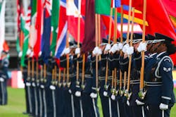 The United States Air Force Honor Guard parades the country flags representing the international air chiefs in attendance at the Air Force 75th Anniversary Tattoo Sept. 15, 2022, at Audi Field, Washington, D.C. The parading of the flags symbolizes the unity and collective power the U.S. has built with its international partners and allies. This display was a part of the celebration of the Air Force’s 75th year. The United States Air Force Honor Guard parades the country flags representing the international air chiefs in attendance at the Air Force 75th Anniversary Tattoo Sept. 15, 2022, at Audi Field, Washington, D.C. The parading of the flags symbolizes the unity and collective power the U.S. has built with its international partners and allies. This display was a part of the celebration of the Air Force’s 75th year.