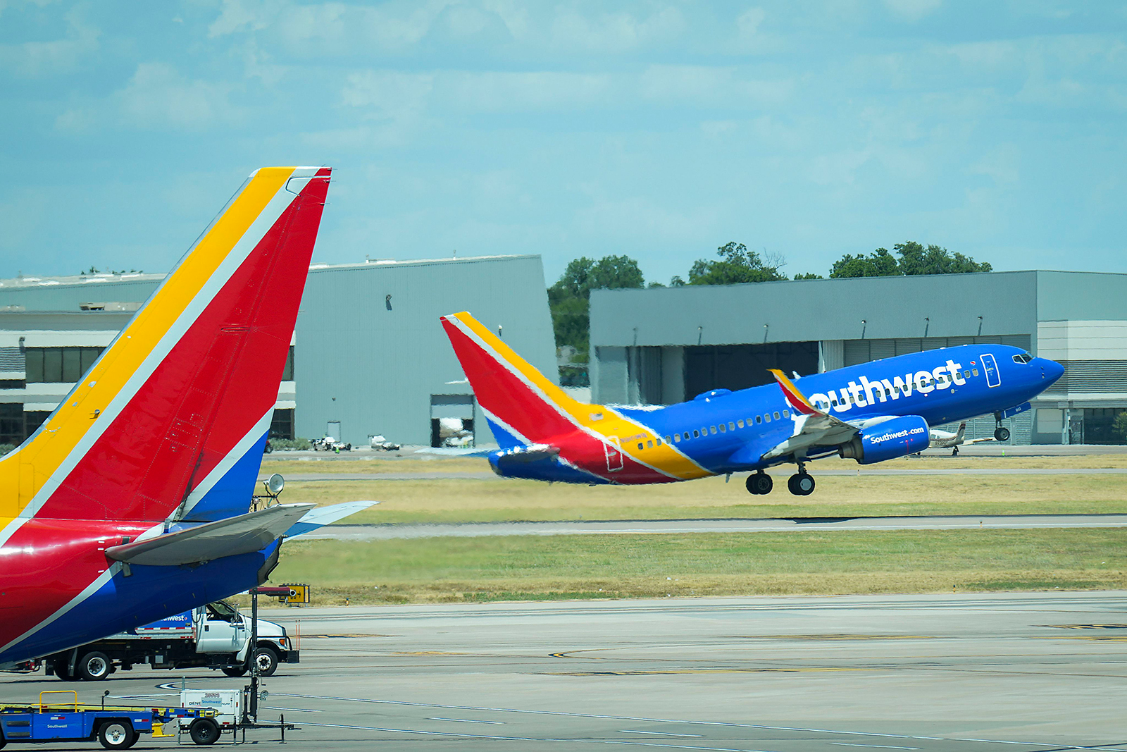 A Southwest Airlines plane takes off at Dallas Love Field Airport on July 25, 2022.
