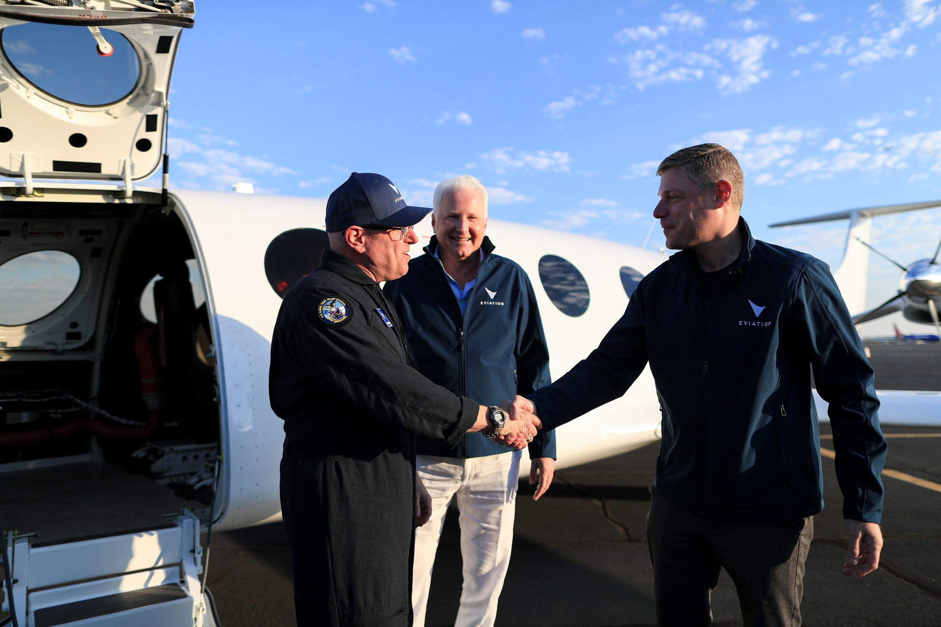 Richard F. Chandler, Chairman, Clermont Group, Majority Shareholder of Eviation; Steve Crane, Test Pilot; Greg Davis, President and CEO of Eviation