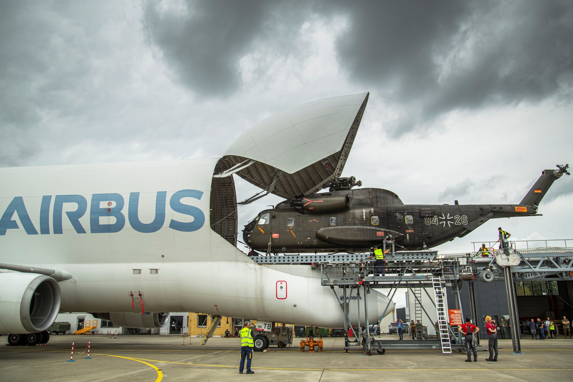 The CH53 helicopter successfully loaded into the Beluga during tests performed at Airbus&rsquo; Manching site.