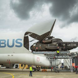 The CH53 helicopter successfully loaded into the Beluga during tests performed at Airbus&rsquo; Manching site.