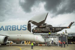 The CH53 helicopter successfully loaded into the Beluga during tests performed at Airbus’ Manching site. The CH53 helicopter successfully loaded into the Beluga during tests performed at Airbus’ Manching site.