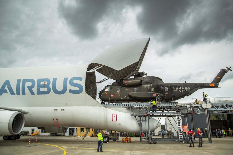 The CH53 helicopter successfully loaded into the Beluga during tests performed at Airbus&rsquo; Manching site.