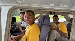 Embry-Riddle flight instructor Daniel Buchanan (’20), back left, takes two teens in OBAP’s Aerospace Career Education (ACE) Academy on an introductory flight.