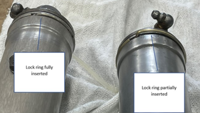 &NegativeMediumSpace;Examples of horizontal stabilizer actuators and lock rings. On the left, the lock ring is fully inserted, and, on the right, the lock ring is partially inserted.