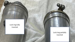 &NegativeMediumSpace;Examples of horizontal stabilizer actuators and lock rings. On the left, the lock ring is fully inserted, and, on the right, the lock ring is partially inserted.