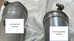 ​Examples of horizontal stabilizer actuators and lock rings. On the left, the lock ring is fully inserted, and, on the right, the lock ring is partially inserted.