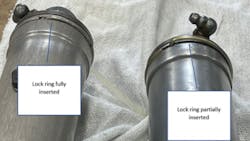 ​Examples of horizontal stabilizer actuators and lock rings. On the left, the lock ring is fully inserted, and, on the right, the lock ring is partially inserted. ​Examples of horizontal stabilizer actuators and lock rings. On the left, the lock ring is fully inserted, and, on the right, the lock ring is partially inserted.