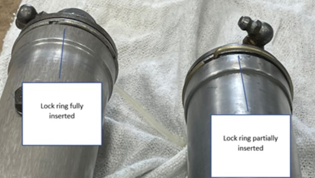 &NegativeMediumSpace;Examples of horizontal stabilizer actuators and lock rings. On the left, the lock ring is fully inserted, and, on the right, the lock ring is partially inserted.