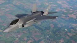 A U.S. Air Force F-35A Lightning II aircraft assigned to the 4th Fighter Squadron, Hill Air Force Base, Utah, flies over France on May 30, 2021.