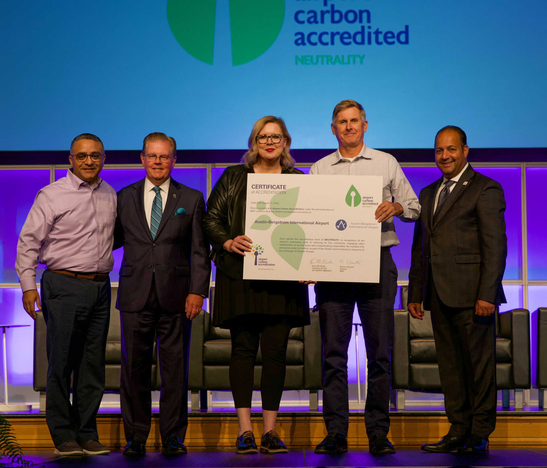 Department of Aviation staff from left to right: Mookie Patel, Chief Bussiness and Finance Officer; Somer Shindler, Chief Development Officer and Kane Carpenter, Environmental Affairs division manager pose with Airports Council International - North America leadership