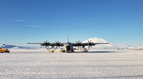 An LC-130 &apos;Skibird&apos; Hercules assigned to the New York Air National Guard&apos;s 109th Airlift Wing sits on the skiway at Williams Field, Antarctica, Feb. 6, 2020. The 109th AW flies the largest ski-equipped aircraft in the world and supports Antarctic research.