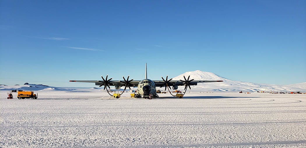 An LC-130 &apos;Skibird&apos; Hercules assigned to the New York Air National Guard&apos;s 109th Airlift Wing sits on the skiway at Williams Field, Antarctica, Feb. 6, 2020. The 109th AW flies the largest ski-equipped aircraft in the world and supports Antarctic research.