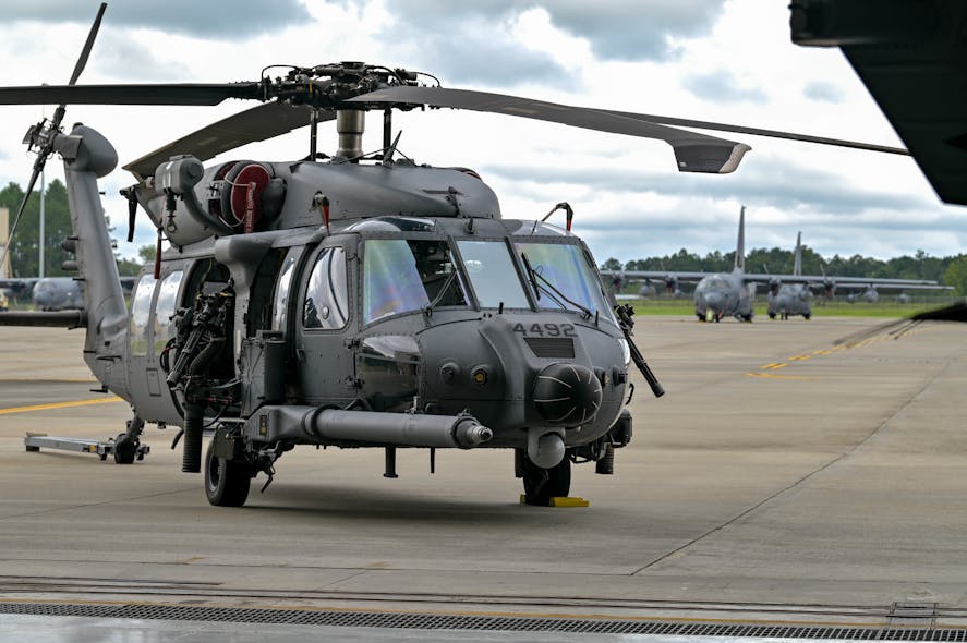 An HH-60W Jolly Green II helicopter is parked on the flightline during the HH-60W Initial Operational Capability ceremony at Moody Air Force Base, Ga., Sept. 9, 2022. The ceremony displayed the platform&rsquo;s operational capabilities and signifies the HH-60W has met the criteria for IOC and awaits declaration.
