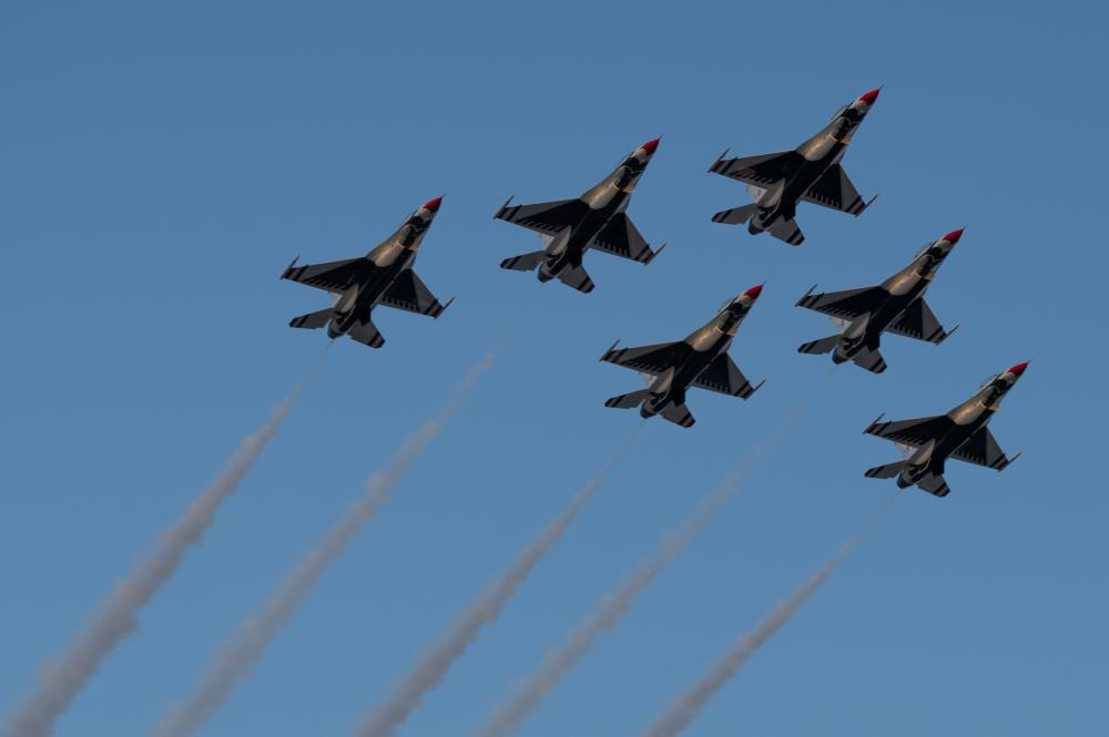 The U.S. Air Force Thunderbirds fly over the Air Force 75th Anniversary Tattoo Sept. 15, 2022, at Audi Field, Washington, D.C. The Thunderbirds serve as the Air Force&rsquo;s precision-flying demonstration team, entrusted to perform for people all around the world to display the pride, precision and professionalism the Air Force represents.