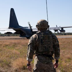 An air commando from the 26th Special Tactics Squadron at Cannon Air Force Base, N.M., provides oversight of an MC-130J on the Eglin Air Force Base, Fla. range during Emerald Flag Oct. 19, 2022. The aircraft was refueling an MQ-9 Reaper aircraft demonstrating the Air Force&apos;s Agile Combat Employment capability against potential adversaries.