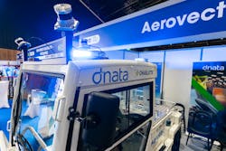 This Charlatte tractor equipped with the AeroVect Driver was on display at the GSE Expo Europe. AeroVect announced a partnership with dnata to pilot and deploy autonomous GSE at airports in the U.S. and Dubai.