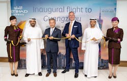 Officials taking part in the ribbon-cutting ceremony for inaugural flight to Guangzhou (left to right): H.E Mohamed Al Zaabi, CEO of Miral Asset Management; H.E. Chinese Ambassador Yiming Zhang to the UAE; Tony Douglas, Group CEO of Etihad Aviation Group; His Excellency Dr. Jamal Al Dhaheri, MD & CEO of Abu Dhabi Airports Company.