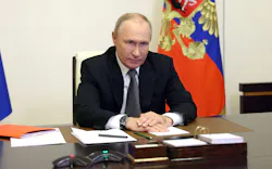 Russian President Vladimir Putin chairs a Security Council meeting via a video link at the Novo-Ogaryovo state residence outside Moscow on Oct. 19, 2022. Vladimir Putin introduced martial law in Ukraine's Donetsk, Lugansk, Kherson and Zaporizhzhia regions that Moscow claims to have annexed.