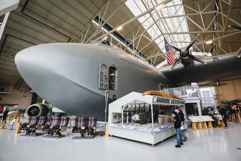 Looking up at the nose of the Spruce Goose inside the Evergreen Aviation & Space Museum