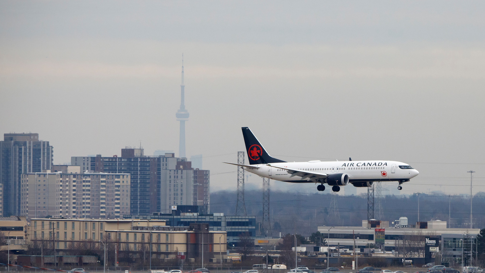 An Air Canada Boeing 737 MAX 8 jet approaches Toronto Pearson International Airport for landing on March 13, 2019, in Toronto.