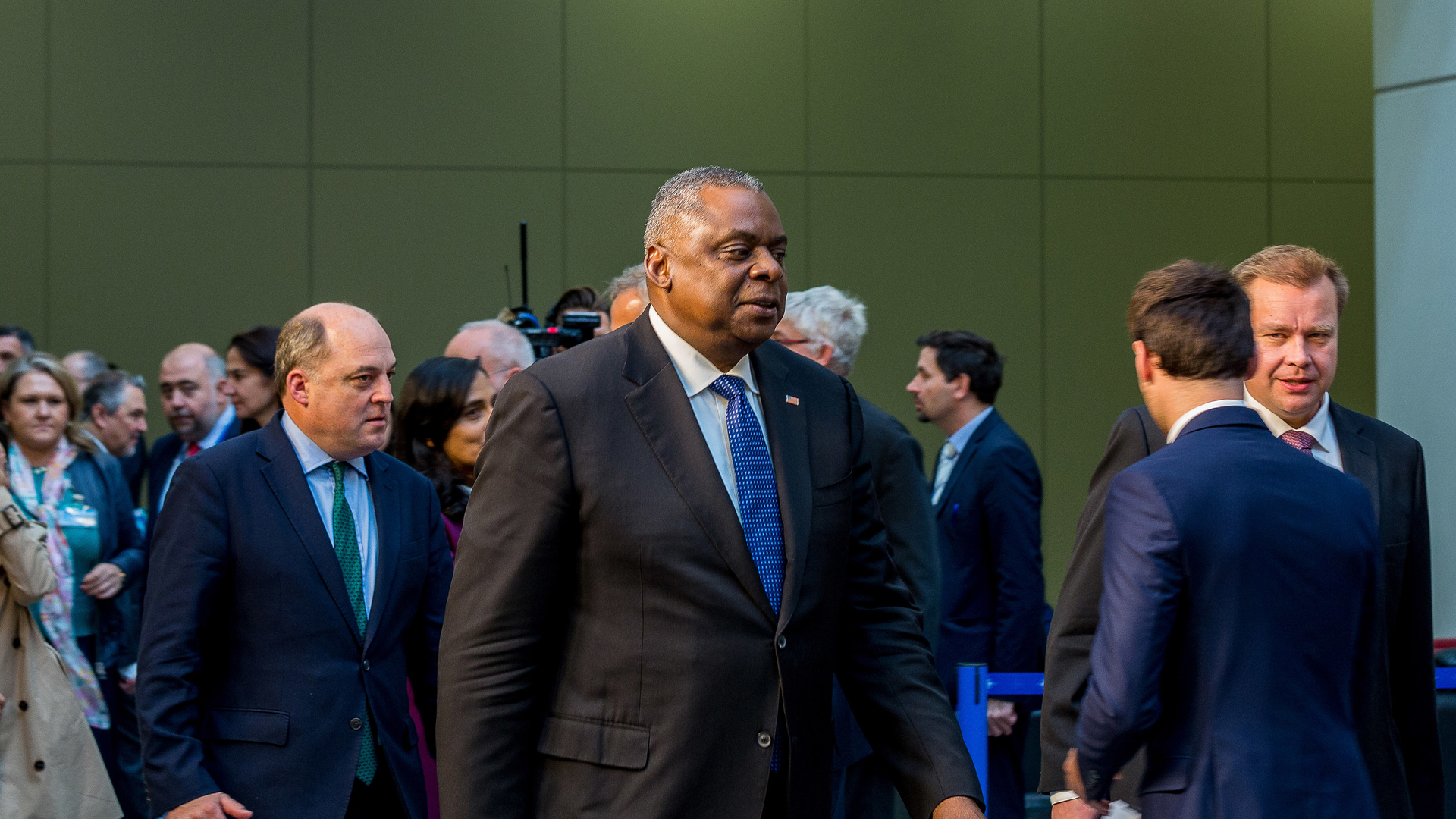 U.S. Defence Secretary Lloyd J. Austin III arrives to pose for the official press photo during the second and final day of the NATO defense ministers' meeting at the NATO Headquarters on Oct. 13, 2022, in Brussels, Belgium. The North Atlantic Council (NAC) Defense Ministers are convening at the NATO headquarters in Brussels for a two-day summit as the war in Ukraine continues.