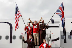 Virgin Atlantic founder and president Sir Richard Branson greets the crowd, after an airplane lands at Tampa International Airport on Wednesday, Nov. 2, 2022, in Tampa.