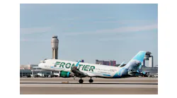 A Frontier Airlines plane lands at the McCarran International Airport in Las Vegas on Thursday, Feb. 27, 2020.