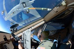Lt. Col. Greg Van Splunder, Lt. Col. Brandon Stock and Tech. Sgt. Matt Rogers, all from the 157th Air Refueling Wing, Pease Air National Guard Base, New Hampshire Air National Guard, guide their KC-46A Pegasus as it receives fuel from another Pease ANG KC-46A during a 36-hour endurance mission, Nov. 16, 2022. The long-duration sortie took place from Nov. 16 to 17 and was crewed by active duty and Air National Guard Airmen from Pease, who flew the jet non-stop from New Hampshire, across North America and the Pacific Ocean, around Guam, and back home again. Lt. Col. Greg Van Splunder, Lt. Col. Brandon Stock and Tech. Sgt. Matt Rogers, all from the 157th Air Refueling Wing, Pease Air National Guard Base, New Hampshire Air National Guard, guide their KC-46A Pegasus as it receives fuel from another Pease ANG KC-46A during a 36-hour endurance mission, Nov. 16, 2022. The long-duration sortie took place from Nov. 16 to 17 and was crewed by active duty and Air National Guard Airmen from Pease, who flew the jet non-stop from New Hampshire, across North America and the Pacific Ocean, around Guam, and back home again.