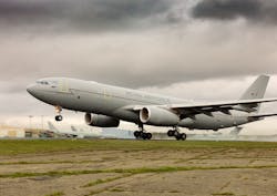 The Airbus A330MRTT RAF Voyager takes off from RAF Brize Norton for the first time powered by 100% SAF on both engines.