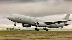 The Airbus A330MRTT RAF Voyager takes off from RAF Brize Norton for the first time powered by 100% SAF on both engines.