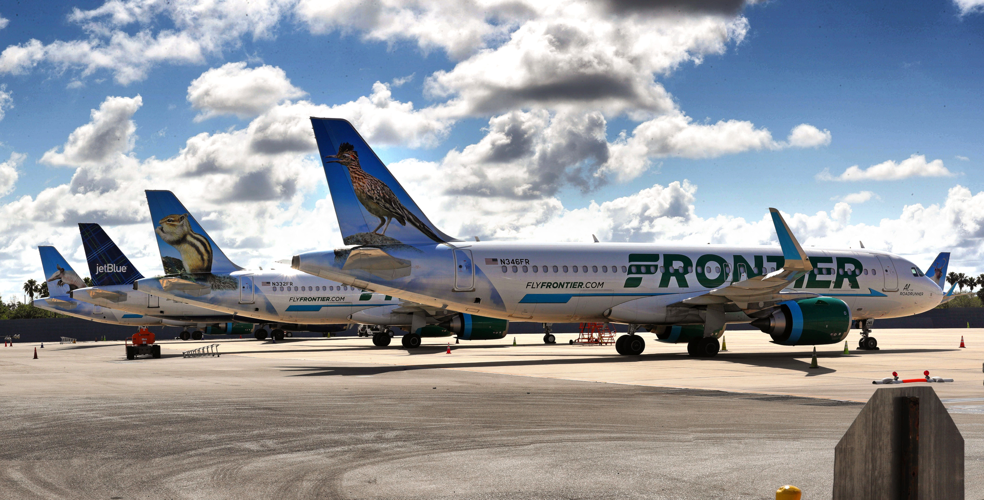 Frontier planes are parked at Orlando International Airport on April 7, 2020.