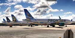Frontier planes are parked at Orlando International Airport on April 7, 2020.