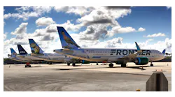 Frontier planes are parked at Orlando International Airport on April 7, 2020.