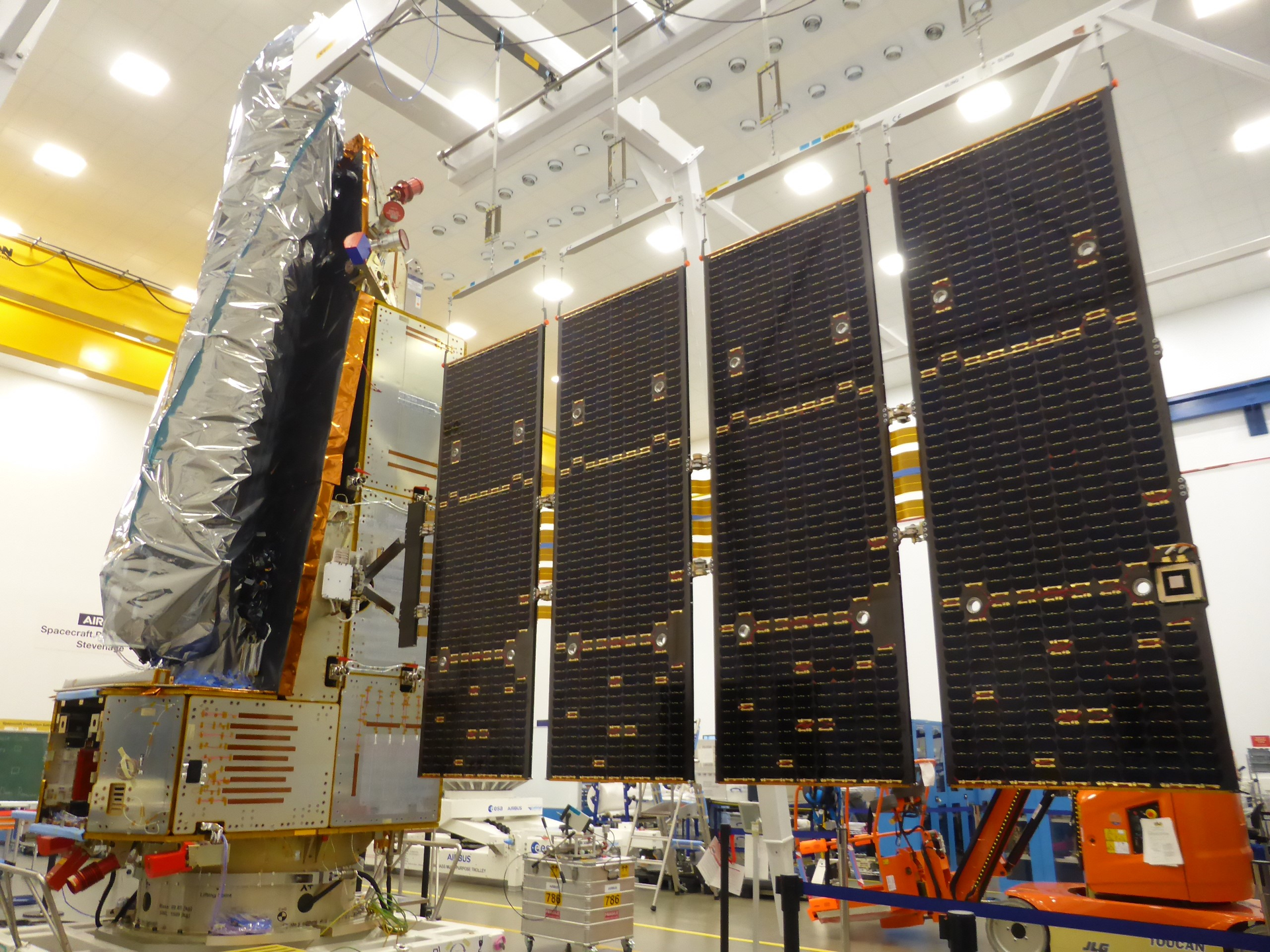 Biomass satellite with its solar array deployed.