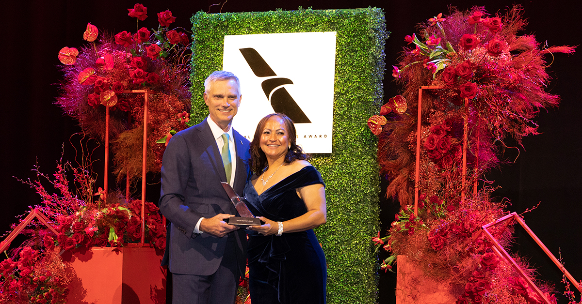 Customer Service Manager Ana &ldquo;Josie&rdquo; Peralta receives her Annual Chairman&rsquo;s Award from CEO Robert Isom. Josie was nominated for a career of service to both customers and colleagues both on the ground and in the air.