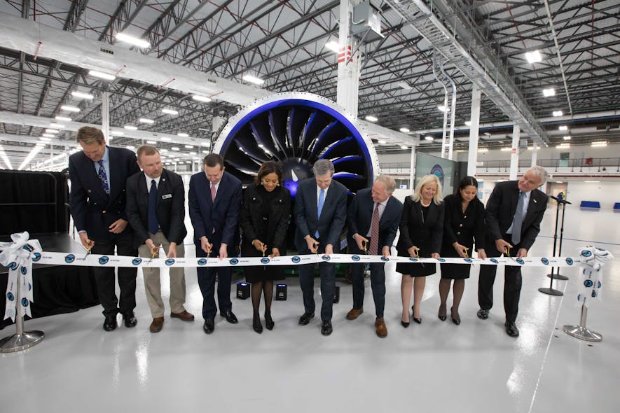 Pratt &amp; Whitney leaders celebrate the conclusion of major construction at its new Asheville facility. (L to R) Jack Cecil, President - Biltmore Farms; P&amp;W Asheville GM Dan Field; P&amp;W President Shane Eddy; North Carolina Secretary of Commerce Machelle Baker Sanders; North Carolina Governor Roy Cooper; Buncombe County Commission Brownie Newman; P&amp;W Chief Transformation Officer Jennifer Caruso; P&amp;W SVP Operations Raquel Rivera; Golden Leaf Foundation President Scott Hamilton.
